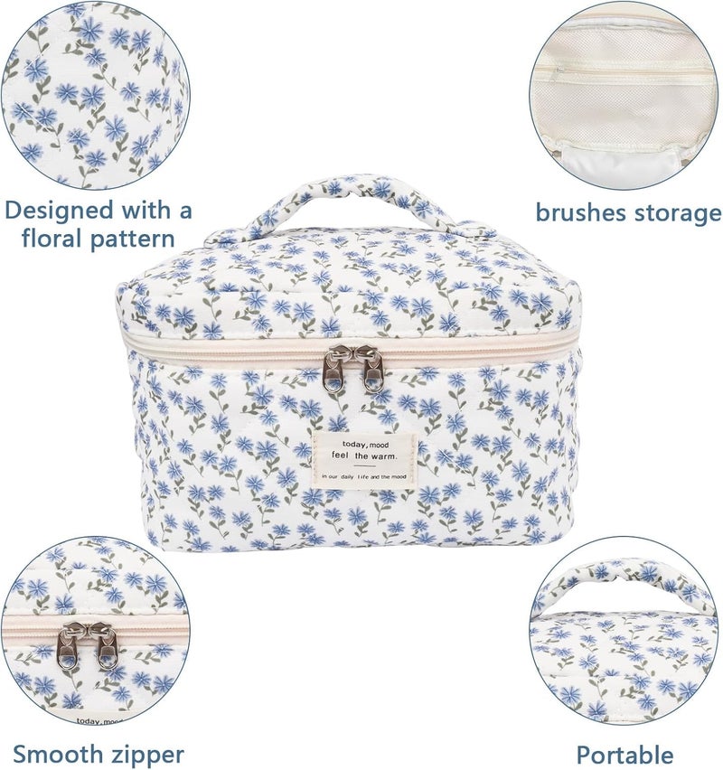 Gosect Large Makeup Bag, Cute Cosmetic Bag for Women Girls, Floral Coquette Aesthetic Toiletry Bag, Travel Make Up Organizer Bag (Blue Peacock Flower) - Image 4